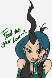 Size: 404x600 | Tagged: safe, artist:leadhooves, color edit, edit, queen chrysalis, blushing, colored, dialogue, horned humanization, humanized, solo