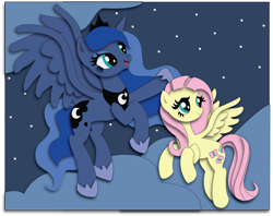 Size: 2165x1711 | Tagged: safe, artist:the-paper-pony, fluttershy, princess luna, alicorn, pegasus, pony, duo, duo female, female, horn, mare, shadowbox