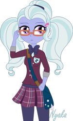 Size: 738x1227 | Tagged: safe, artist:nyaka2014, sugarcoat, equestria girls, friendship games, bag, bowtie, clothes, crystal prep academy, crystal prep academy uniform, crystal prep shadowbolts, glasses, satchel, school uniform, signature, simple background, skirt, solo, sugarcute, transparent background, vector