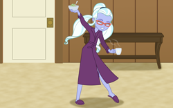 Size: 1600x1000 | Tagged: safe, artist:bootsyslickmane, sugarcoat, fanfic:the shadowbolts adventures, equestria girls, friendship games, alternate costumes, bathrobe, bowl, carpet, clothes, dancing, door, easter, easter egg, eyes closed, fanfic art, food, glasses, ice cream, missing accessory, mug, robe, slippers, smiling, solo, spoon, table