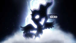 Size: 1920x1080 | Tagged: safe, artist:adrianimpalamata, artist:flizzick, princess luna, alicorn, pony, bipedal, glare, glowing eyes, god, goddess, i am a god, kanye west, lightning, raised hoof, rearing, solo, song reference, space, spread wings, stars, vector, wallpaper, yeezus