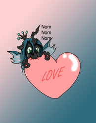 Size: 1115x1439 | Tagged: safe, artist:dragonblood6400, queen chrysalis, changeling, changeling queen, nymph, chewing, cute, cutealis, heart, love, nom