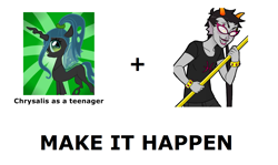 Size: 1337x796 | Tagged: safe, queen chrysalis, changeling, changeling queen, exploitable meme, female, homestuck, make it happen, meenah peixes, meme, meta, sunburst background, younger