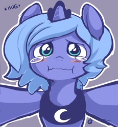 Size: 500x542 | Tagged: safe, artist:ende26, princess luna, alicorn, pony, blushing, crying, cute, female, filly, fourth wall, hug, hug request, looking at you, pov, scrunchy face, solo, tears of joy, tongue out, woona, younger