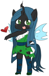 Size: 500x777 | Tagged: safe, artist:snow angel, queen chrysalis, anthro, changeling, changeling queen, ambiguous facial structure, blushing, chibi, clothes, cute, cutealis, dress, fangs, heart, looking at you, open mouth, pixiv, smiling, socks, solo