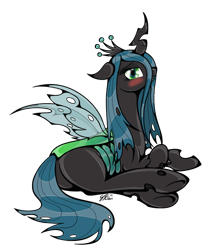 Size: 650x750 | Tagged: safe, artist:gimmogear, queen chrysalis, changeling, changeling queen, blushing, bugbutt, butt, palindrome get, plot, solo