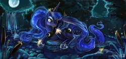 Size: 2124x1002 | Tagged: safe, artist:r0b0tassassin, princess luna, alicorn, firefly (insect), pony, beautiful, forest, lilypad, moon, on side, pond, reed, solo, water, waterfall