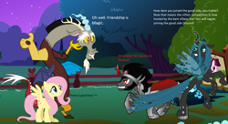 Size: 1974x1076 | Tagged: safe, artist:nukarulesthehouse1, discord, fluttershy, king sombra, queen chrysalis, changeling, changeling queen, pegasus, pony, unicorn