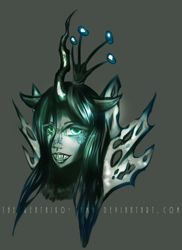 Size: 1024x1404 | Tagged: safe, artist:aisuroma, queen chrysalis, anthro, changeling, changeling queen, ambiguous facial structure, female, horn