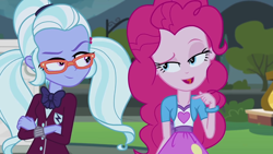 Size: 1280x720 | Tagged: safe, edit, screencap, pinkie pie, sugarcoat, equestria girls, friendship games, bedroom eyes, dreamworks face, inverted mouth