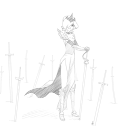 Size: 715x758 | Tagged: safe, artist:7nights, princess luna, human, humanized, monochrome, s1 luna, sketch, solo, sword, weapon