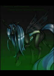 Size: 1024x1443 | Tagged: safe, artist:minerea, queen chrysalis, changeling, changeling queen, female, green eyes, horn, solo