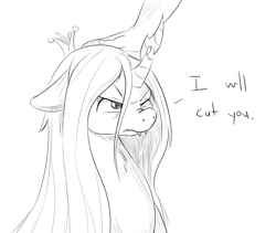 Size: 750x634 | Tagged: dead source, safe, artist:jalm, queen chrysalis, changeling, human, :t, cute, cutealis, dialogue, fangs, female, floppy ears, frown, glare, grayscale, hand, looking up, monochrome, nose wrinkle, one eye closed, petting, scrunchy face, sketch, tsundere, wink