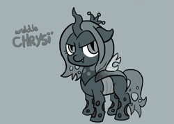 Size: 869x623 | Tagged: safe, artist:turbosolid, queen chrysalis, changeling, changeling queen, nymph, cute, cutealis, grayscale, monochrome, moonstuck, simple background, smiling, solo, style emulation