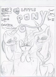 Size: 850x1170 | Tagged: safe, artist:digitaldomain123, artist:dripdropboom, princess celestia, princess luna, oc, oc:dripdrop, alicorn, pony, comic:sweet dreams, comic:sweet dreams part 2, bed, blushing, comic, monochrome, sketch, traditional art