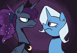 Size: 500x346 | Tagged: safe, artist:thalina13, princess luna, trixie, alicorn, pony, female, horn, luna-afterdark, mare