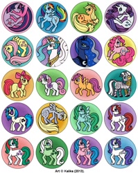 Size: 715x898 | Tagged: safe, artist:kalikafutago, apple bloom, applejack, derpy hooves, dj pon-3, firefly, fluttershy, glory, gusty, medley, minty (g1), moondancer (g1), pinkie pie, princess celestia, princess luna, rainbow dash, rarity, scootaloo, sweetie belle, twilight sparkle, vinyl scratch, zecora, alicorn, earth pony, pegasus, pony, unicorn, zebra, g1, cutie mark crusaders, female, g1 to g4, generation leap, mane six, mare