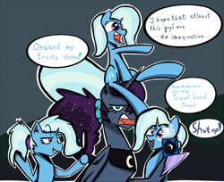 Size: 1280x1044 | Tagged: safe, artist:madacon, princess luna, trixie, alicorn, pony, admiring, luna-afterdark, mirror, mug, multeity, ponies riding ponies, self ponidox, style emulation, trixie army, unamused, upset