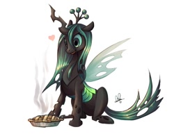 Size: 800x618 | Tagged: safe, artist:lanmana, queen chrysalis, changeling, changeling queen, cute, cutealis, female, food, pie, solo