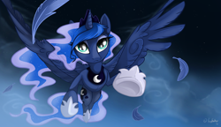 Size: 1300x751 | Tagged: safe, artist:keyfeathers, princess luna, alicorn, pony, flying, solo, vertigo