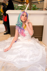 Size: 3684x5520 | Tagged: safe, artist:lochlan o'neil, princess celestia, human, anime weekend atlanta, clothes, convention, cosplay, dress, irl, irl human, necklace, photo, solo