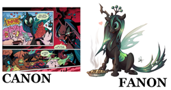 Size: 1327x695 | Tagged: safe, artist:lanmana, idw, queen chrysalis, changeling, changeling queen, the return of queen chrysalis, spoiler:comic, canon, comparison, cute, cute citizens of wuvy-dovey land, cutealis, draco in leather pants, fanon, meta, pie, text, wovey dovey land