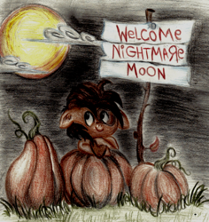 Size: 586x620 | Tagged: safe, artist:thatfrankster, nightmare moon, pipsqueak, princess luna, alicorn, pony, charlie brown, female, great pumpkin, halloween, implied nightmare moon, implied princess luna, it's the great pumpkin charlie brown!, lunapip, male, nightmare night, offscreen character, peanuts, shipping, straight