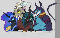 Size: 1131x726 | Tagged: safe, artist:zev, ahuizotl, discord, nightmare moon, queen chrysalis, alicorn, changeling, changeling queen, draconequus, pony, antagonist