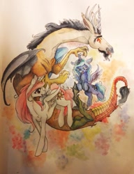 Size: 739x960 | Tagged: safe, artist:queenanneka, discord, princess celestia, princess luna, alicorn, pony, crown, female, horn, jewelry, mare, regalia, siblings, sisters