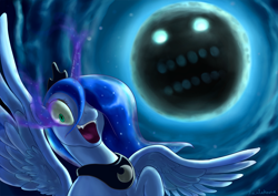 Size: 2000x1414 | Tagged: safe, artist:rautakoura, nightmare moon, princess luna, alicorn, pony, fangs, female, glowing eyes, glowing horn, hair over one eye, horn, insanity, looking at you, lunatic, magic, mare, moon, moon work, night, nightmare luna, open mouth, raised hoof, sky, smiling, spread wings, telekinesis, termina's moon, the legend of zelda, the legend of zelda: majora's mask, this will end in death, this will end in tears, this will end in tears and/or death, wide eyes, wings