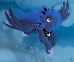 Size: 1300x1088 | Tagged: safe, artist:falleninthedark, princess luna, alicorn, pony, cloud, ethereal mane, female, flying, mare, open mouth, sky, solo, starry mane, wings