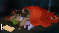 Size: 1024x585 | Tagged: safe, artist:holka13, king sombra, princess luna, alicorn, pony, unicorn, book, candle, female, lumbra, male, plushie, shipping, sleeping, solo, straight