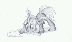 Size: 783x460 | Tagged: safe, artist:skyline14, queen chrysalis, changeling, changeling queen, nymph, crying, cute, cutealis, monochrome, sad, solo, traditional art