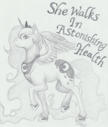 Size: 1145x1338 | Tagged: dead source, safe, artist:bekuno, princess luna, alicorn, pony, lyrics, monochrome, sgap, sogreatandpowerful, solo, traditional art