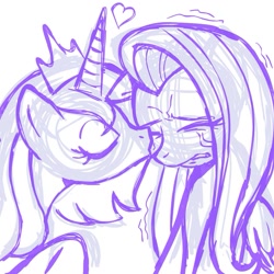 Size: 945x945 | Tagged: safe, artist:megasweet, fluttershy, princess luna, alicorn, pegasus, pony, crying, female, heart, kissing, lesbian, lunashy, monochrome, s1 luna