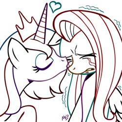 Size: 945x945 | Tagged: safe, artist:megasweet, fluttershy, princess luna, alicorn, pegasus, pony, crying, eyes closed, female, heart, kissing, lesbian, limited palette, lineart, lunashy, mare, s1 luna