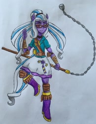 Size: 2040x2615 | Tagged: safe, artist:bozzerkazooers, sugarcoat, equestria girls, flail, ponied up, solo, traditional art, weapon