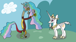 Size: 1920x1080 | Tagged: safe, artist:shadowbolt82, discord, princess celestia, alicorn, pony, celestia is not amused, discord being discord, dislestia, female, male, mane swap, shipping, straight