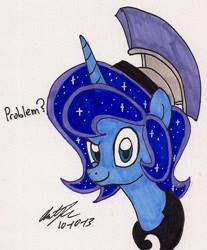 Size: 893x1080 | Tagged: safe, artist:newyorkx3, prince artemis, princess luna, alicorn, pony, dreamworks face, problem, rule 63, solo, traditional art