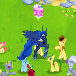 Size: 526x526 | Tagged: safe, apple bloom, apple fritter, braeburn, cherry jubilee, fluttershy, forsythia, hoity toity, princess luna, rainbow dash, alicorn, pegasus, pony, apple family member, bedroom eyes, butt wings, game, gameloft