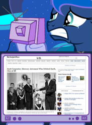 Size: 563x769 | Tagged: safe, princess luna, human, american presidents, astronaut, child, crying, exploitable meme, irl, irl human, john f. kennedy, meme, obligatory pony, photo, president, sad, scott carpenter, text, tv meme