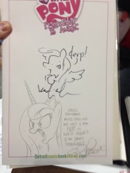 Size: 768x1024 | Tagged: safe, artist:andypriceart, artist:katiecandraw, derpy hooves, princess luna, alicorn, pegasus, pony, andy you magnificent bastard, angry, female, katie does it again, logo, mare, traditional art