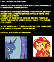 Size: 1560x1804 | Tagged: safe, princess luna, sunset shimmer, equestria girls, crystal empire, grammar error, magic mirror, meta, mirror, obligatory pony, portal, speculation, text, theory, yellow words