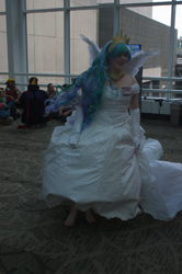 Size: 2022x3040 | Tagged: safe, artist:shotalicious, princess celestia, human, barefoot, clothes, convention, cosplay, evening gloves, feet, irl, irl human, photo, sakura con