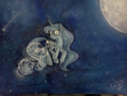 Size: 1024x768 | Tagged: safe, artist:kittyxboo, princess luna, oc, oc:snowdrop, alicorn, pony, moon, painting, shooting star, space, traditional art