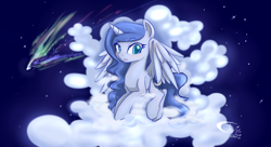 Size: 1280x698 | Tagged: dead source, safe, artist:xcopyen002, princess luna, alicorn, pony, blushing, cloud, cloudy, female, night, solo, stars