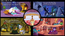 Size: 2560x1440 | Tagged: safe, artist:sbbbugsy, nightmare moon, princess celestia, queen chrysalis, twilight sparkle, zecora, oc, oc:cream heart, alicorn, changeling, changeling queen, pony, zebra, bridge, bronybait, choice, cookie, library, princess celestia's bedroom, zecora's hut