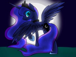 Size: 960x720 | Tagged: safe, artist:rainbow-pon3, princess luna, alicorn, pony, backlighting, looking back, smiling, solo