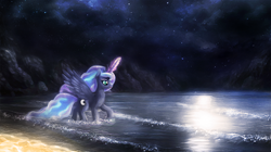 Size: 1100x614 | Tagged: safe, artist:macalaniaa, princess luna, alicorn, pony, bay, beach, cliff, coast, moon glade, sand, solo, stars, wave