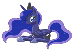 Size: 4239x2990 | Tagged: safe, artist:donkeyinthemiddle, princess luna, alicorn, pony, blushing, prone, simple background, smiling, solo, transparent background